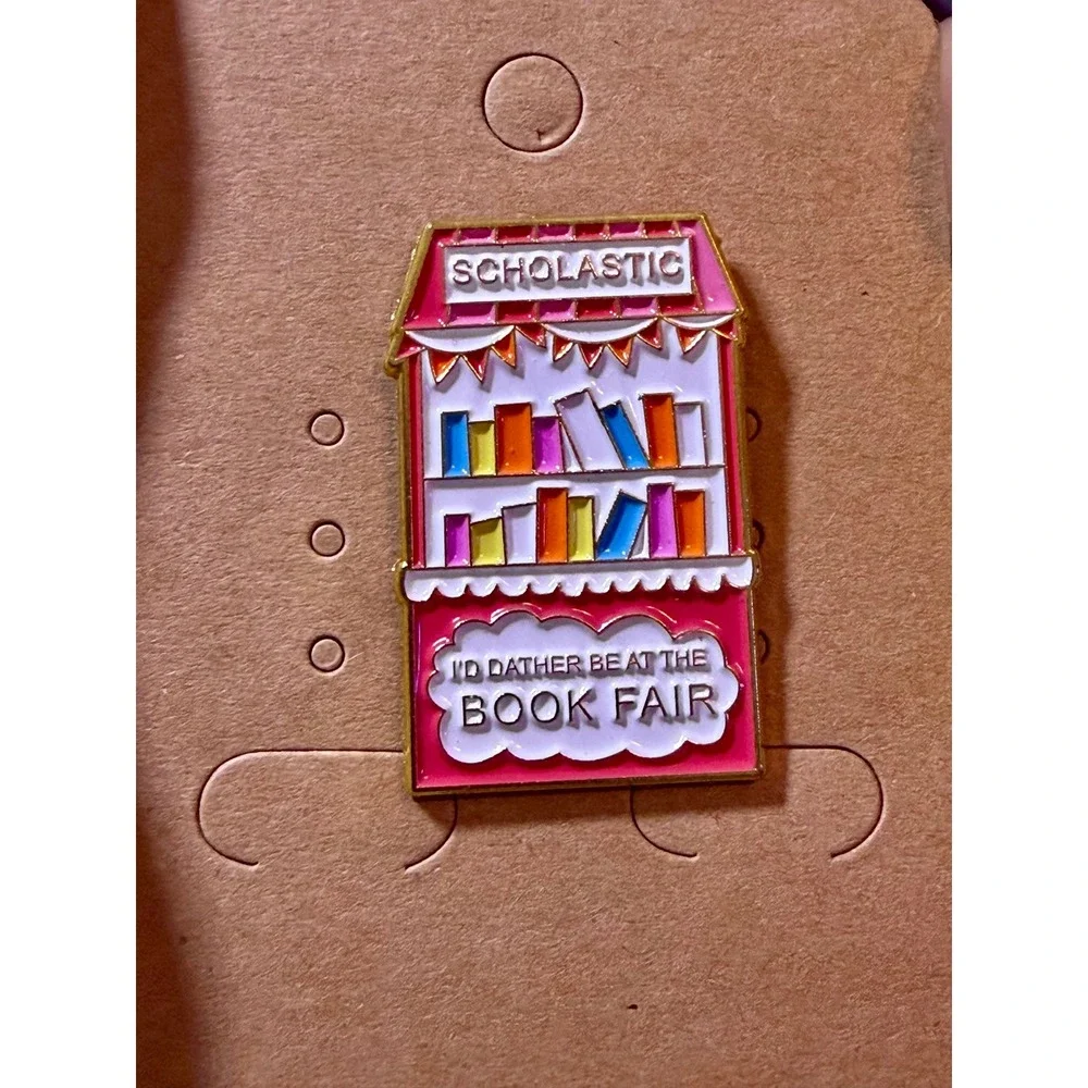 Scholastic I'd Rather Be At The Book Fair Enamel Pin Pink Gold Tone Nostalgia